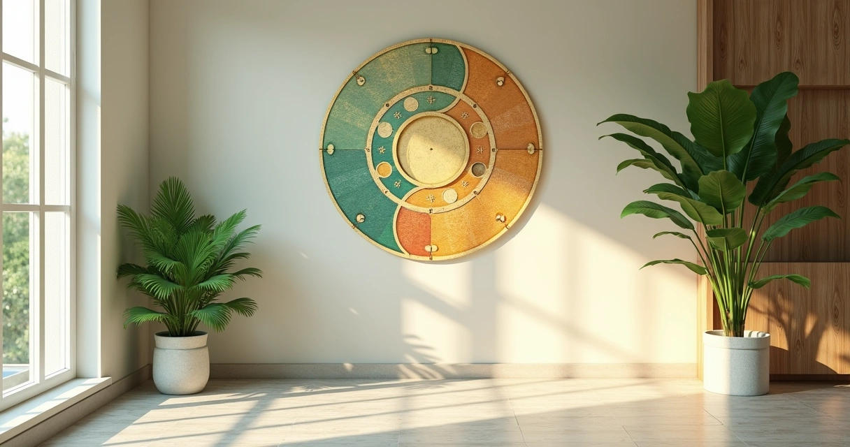 Ambiente de Feng Shui equilibrado com elementos Yin, Yang, e os cinco elementos de decoração em harmonia.