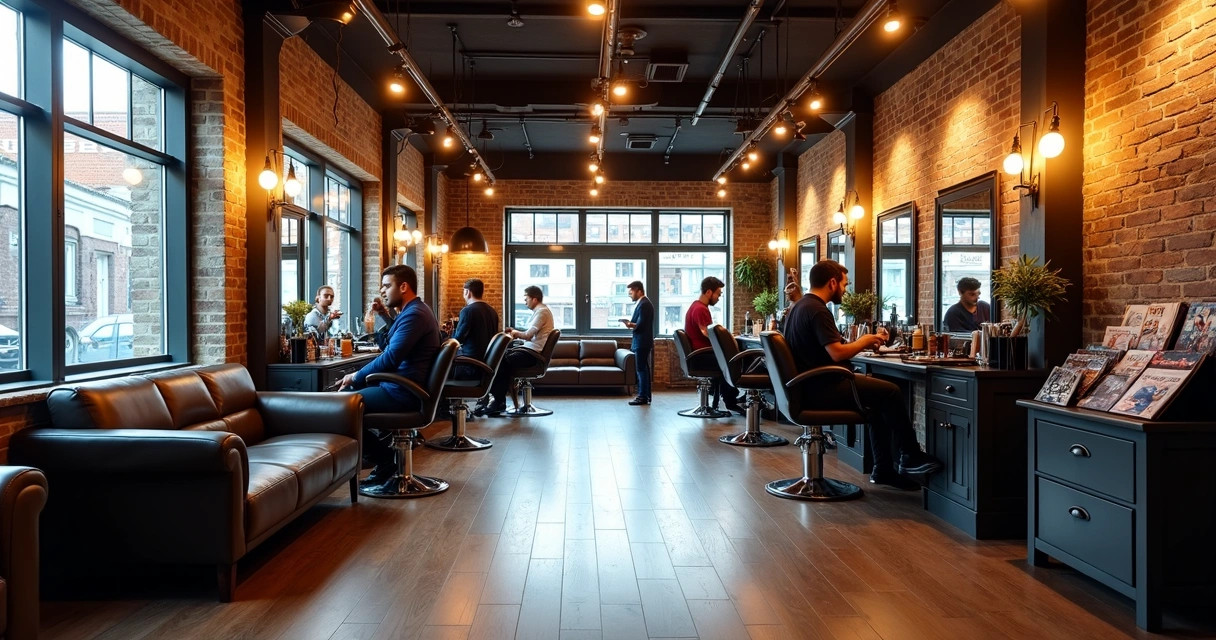 Ambiente de barbearia moderna com área de espera, café e clientes. 
