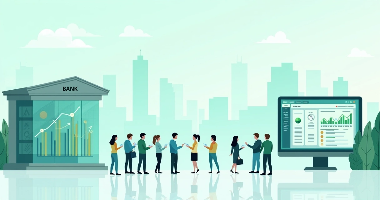 Ambiente financeiro regulatório com pessoas colaborando, banco moderno e telas de compliance em um fundo urbano.