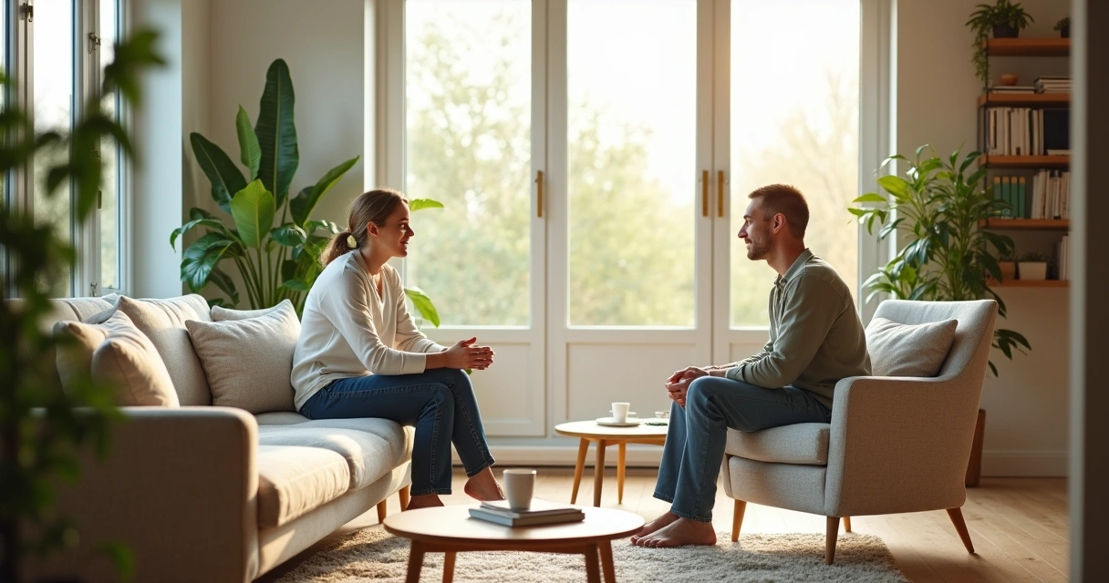 Sala de estar com plantas, luz natural e duas pessoas conversando de forma tranquila 