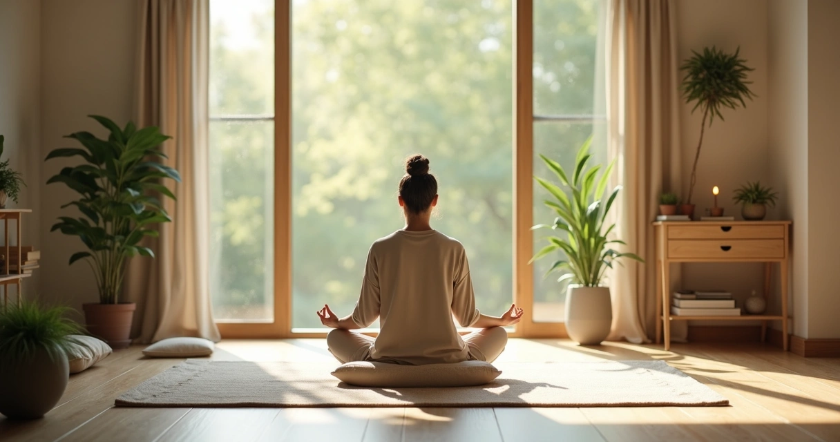 Pessoa em sala minimalista com plantas naturais meditando em silêncio 