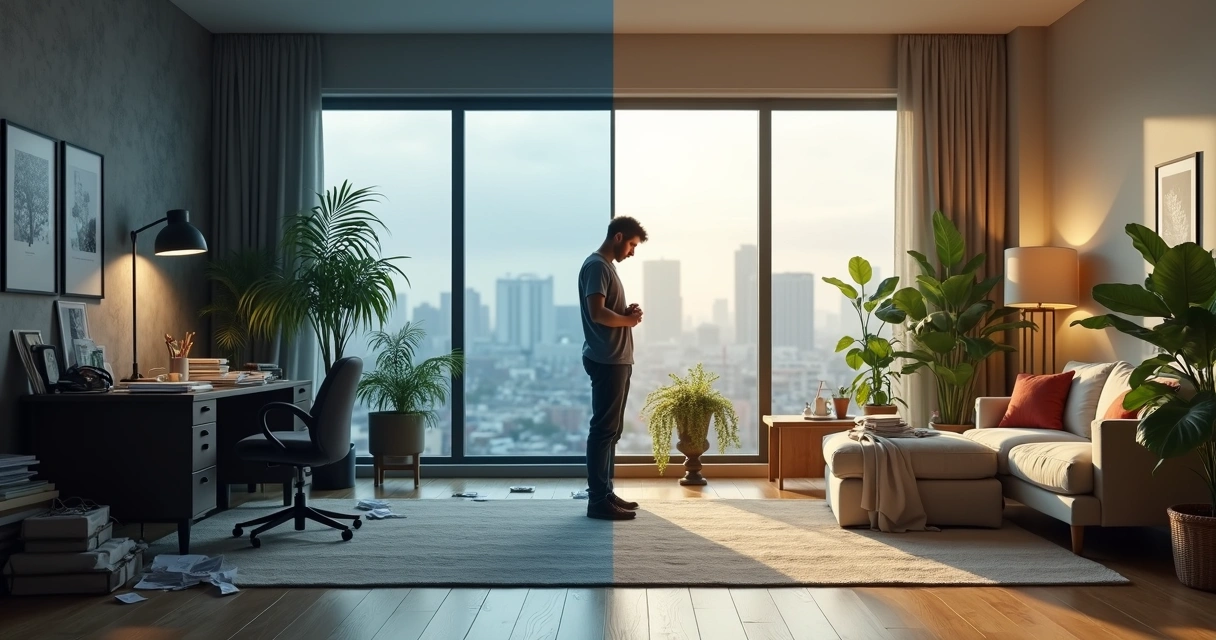 Sala dividida entre ambiente caótico e espaço calmo mostrando contraste emocional 