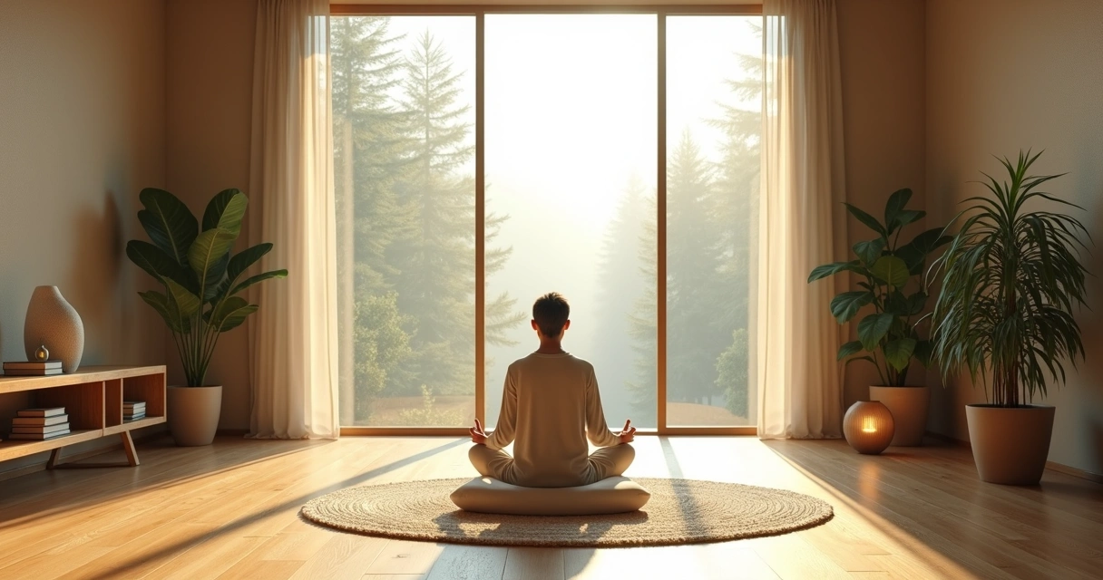 Pessoa meditando em sala iluminada com plantas e luz natural 