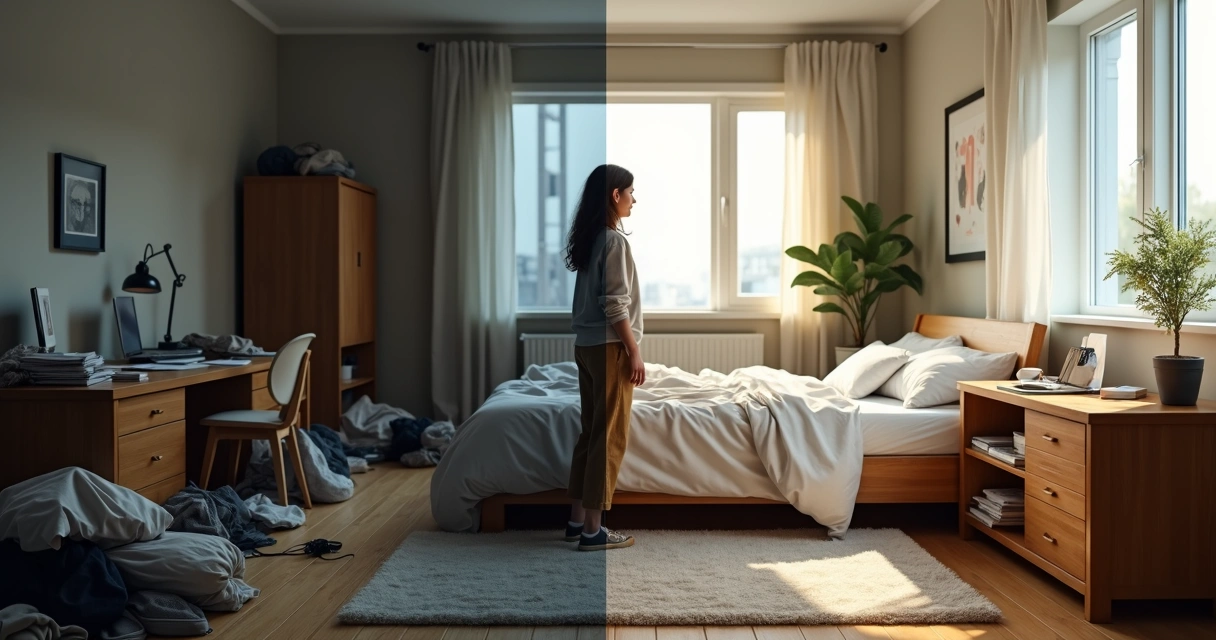 Quarto dividido entre desordem e organização representando mudança pessoal 