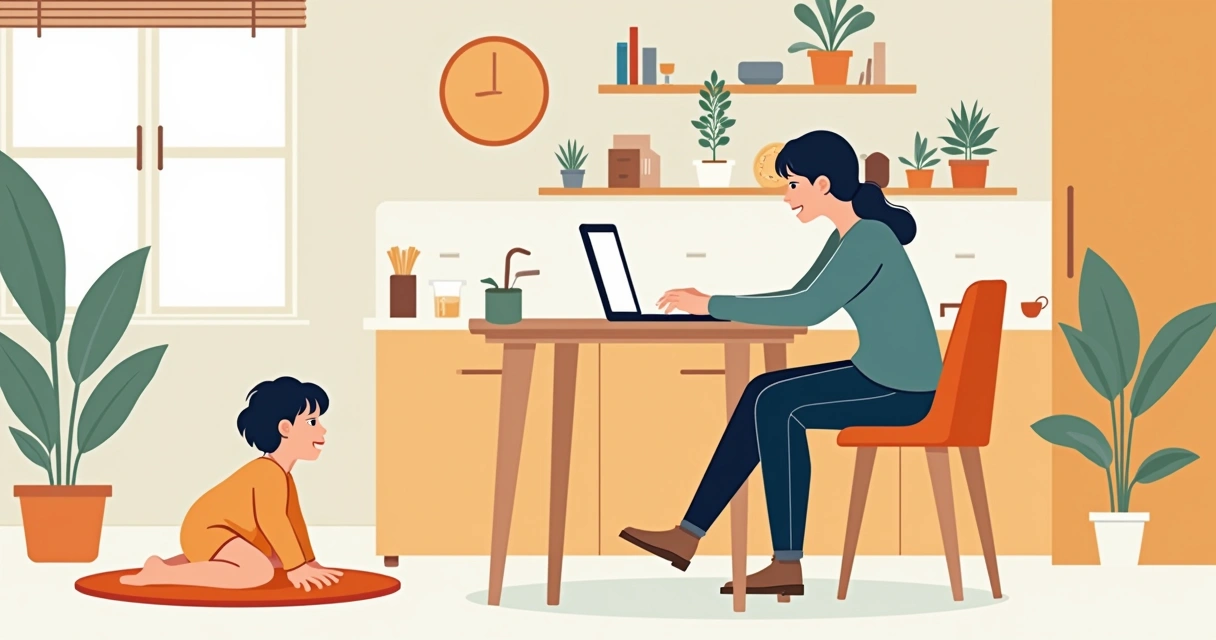 Pessoa trabalhando em casa com laptop, criança brincando ao fundo 