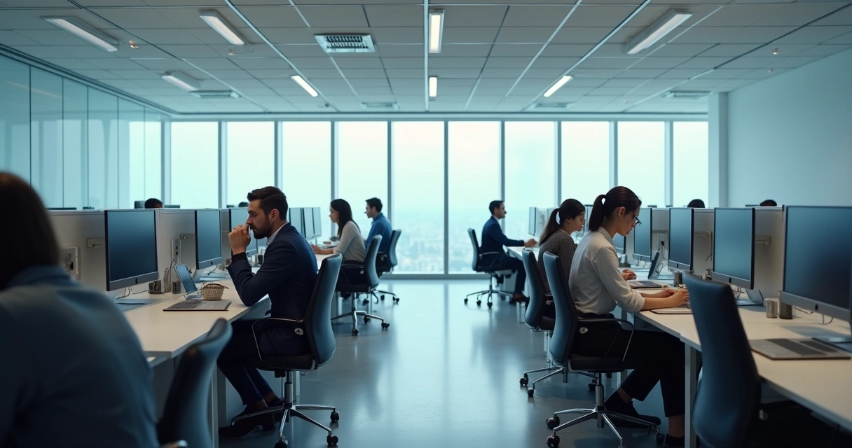 Ambiente corporativo frio com pessoas afastadas. 