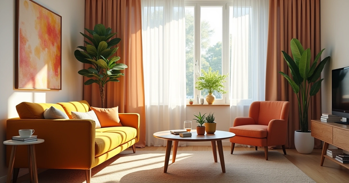 Ambiente de estar harmonioso com móveis confortáveis, iluminação natural e espaço de trabalho organizado.