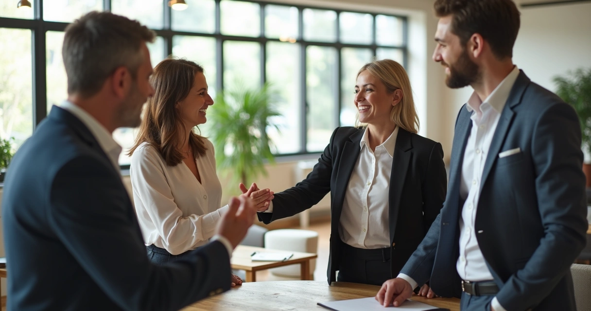 Sala de escritório com pessoas sorrindo e cumprimentando discretamente