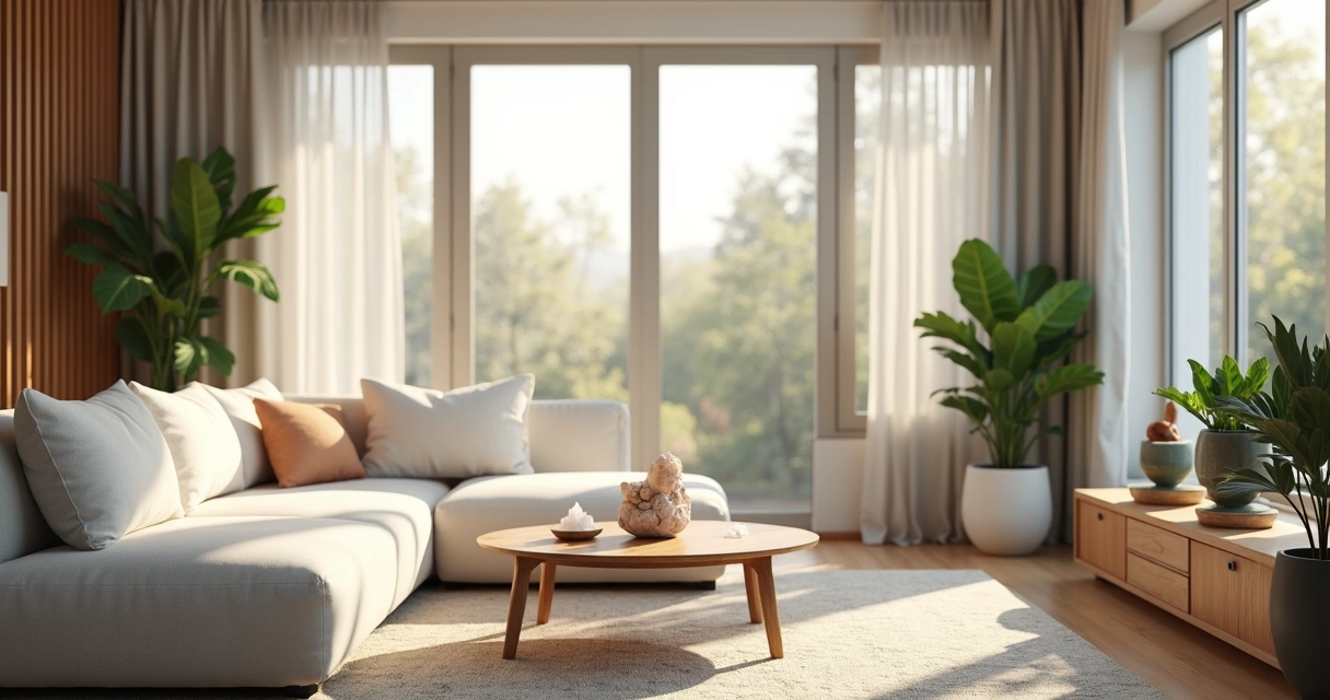 Sala de estar limpa e harmonizada após sessão de mesa radiônica 