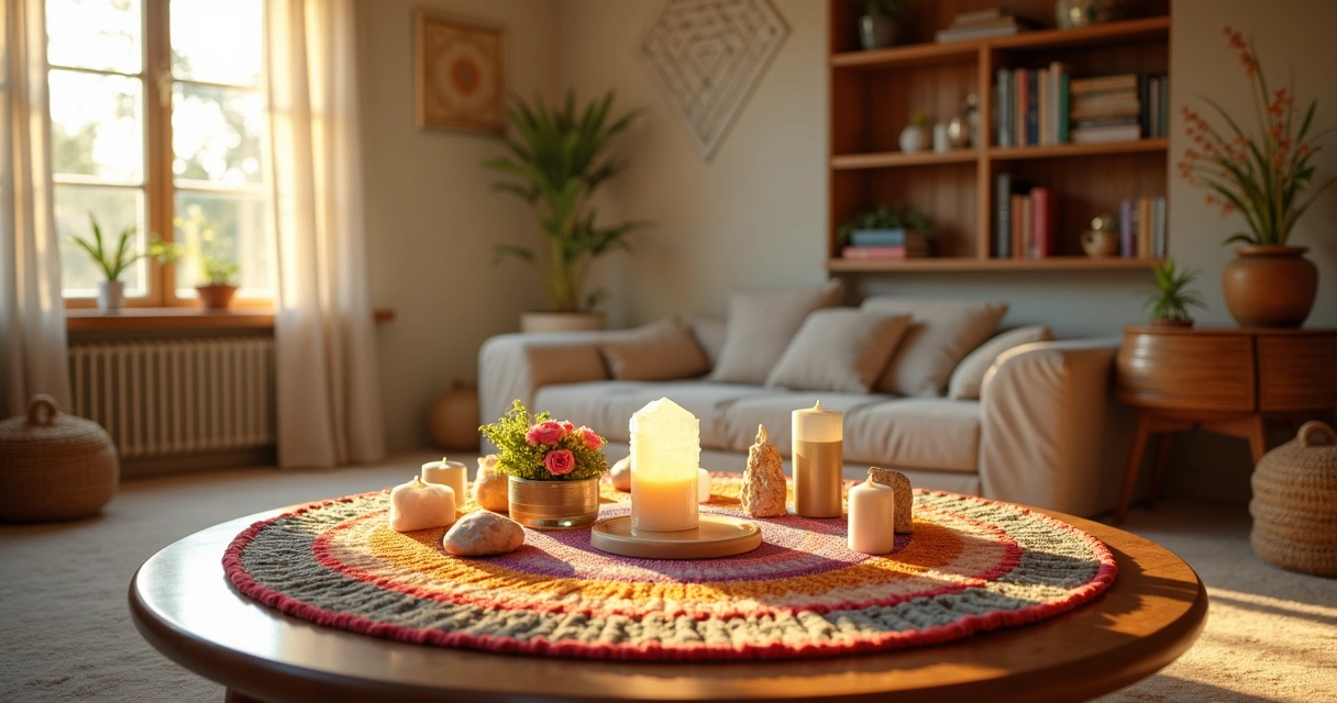 Sala harmonizada e iluminada com objetos de mesa radiônica e flores.