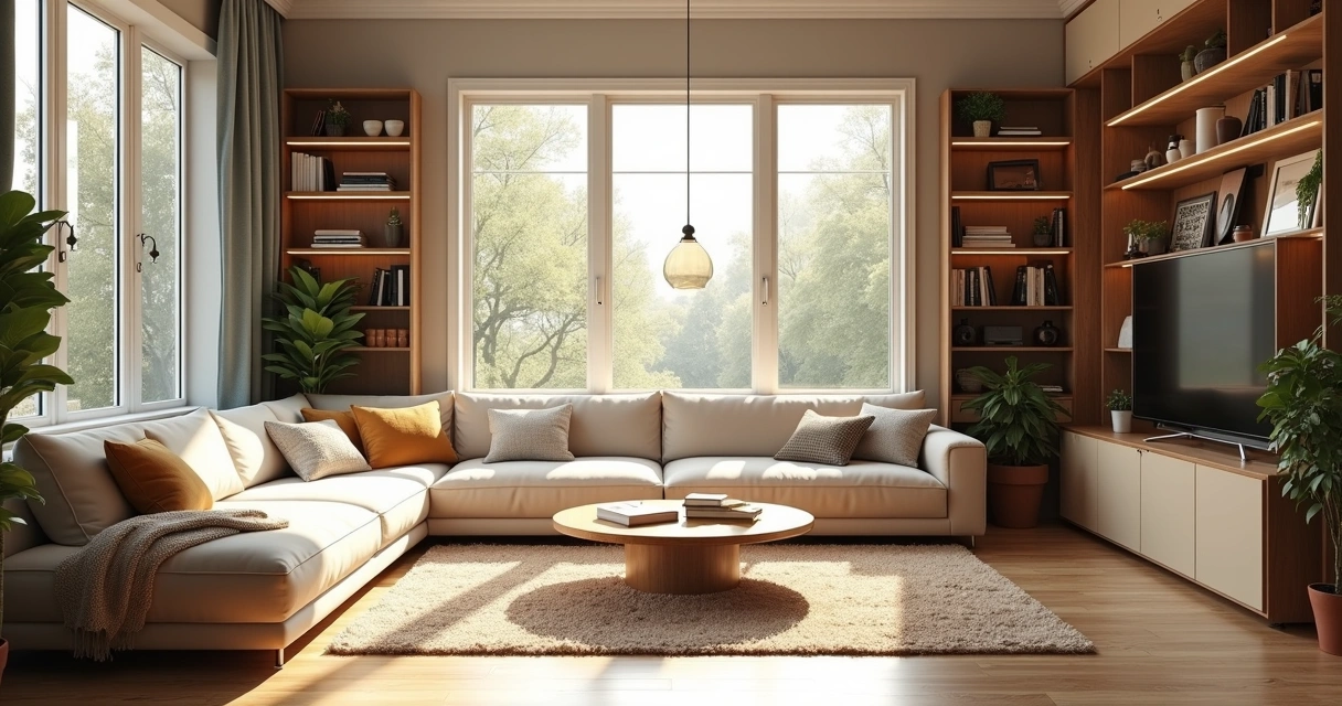 Sala organizada em conceito aberto, com móveis multifuncionais e plantas naturais 