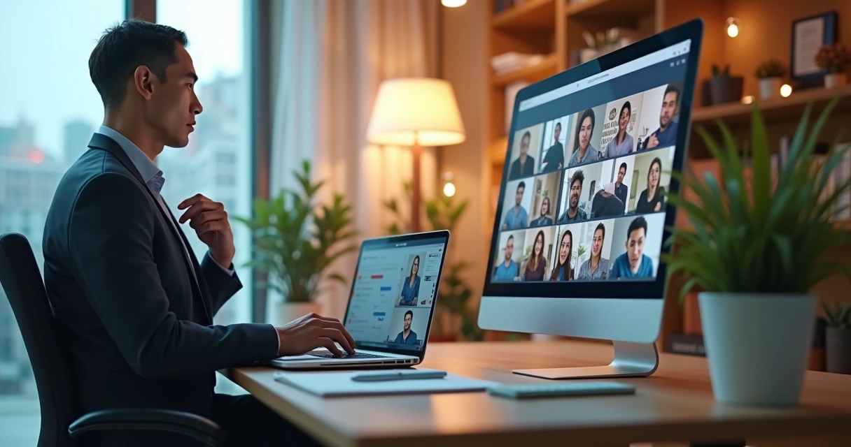 Profissional em mesa com computador dividida entre escritório físico e sala virtual. 