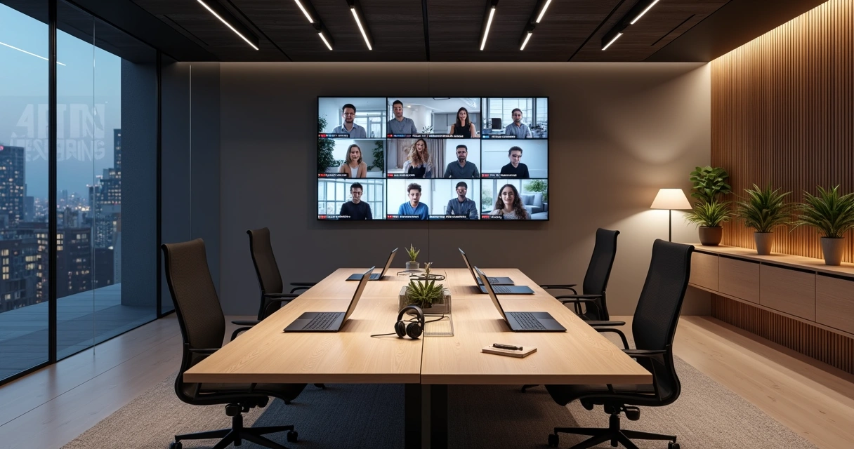 Sala privativa moderna com grande parede de telas exibindo equipes conectadas online 