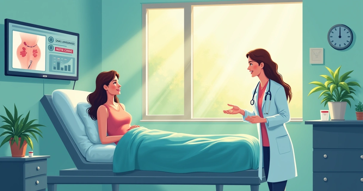 Ilustração de um ambiente hospitalar sereno com paciente feliz após cirurgia bariátrica minimamente invasiva.