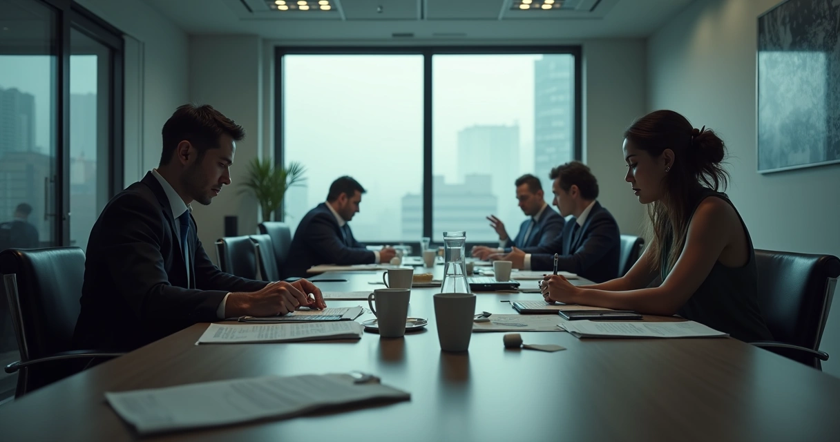 Colegas de trabalho sentados em silêncio em ambiente corporativo tenso 