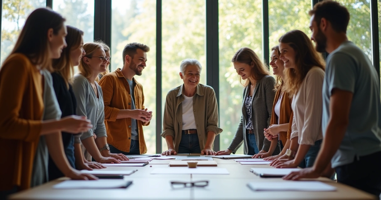 Grupo de pessoas em ambiente de trabalho sorrindo e conversando