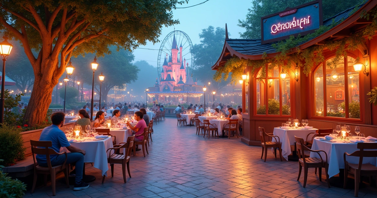 Ambiente imersivo em parque temático, com crianças, adultos relaxando e equipe vestida a caráter.