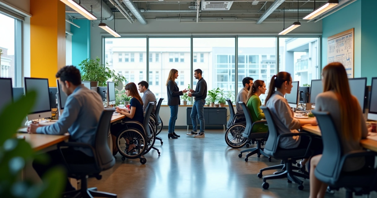 Ambiente inclusivo de trabalho com pessoas diversas e acessibilidade