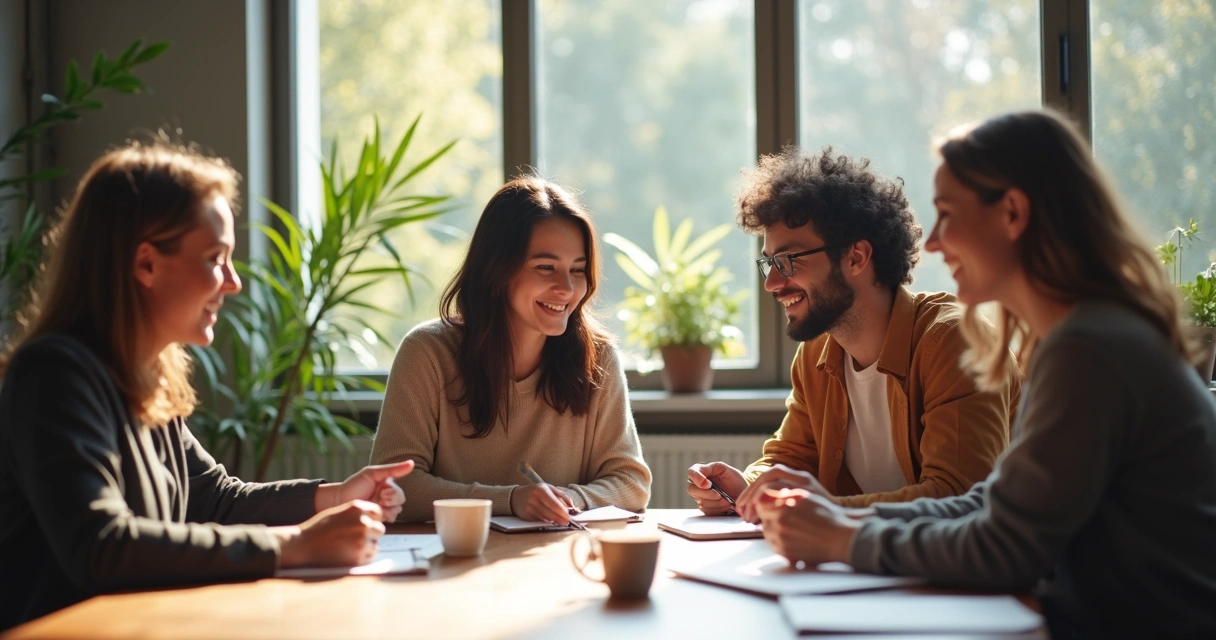 Equipe diversa colaborando em ambiente de trabalho acolhedor