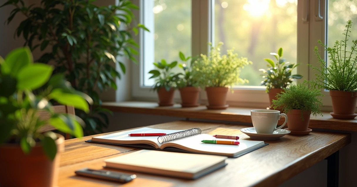 Mesa com materiais de escrita ao lado de plantas, ambiente iluminado 
