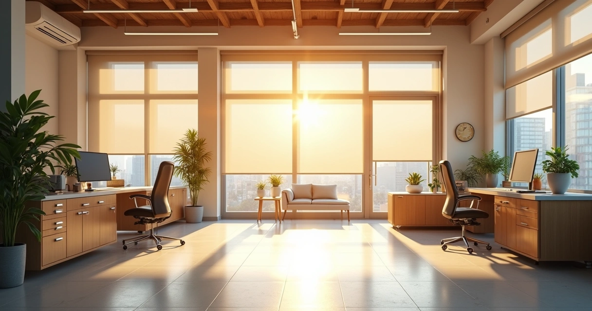 Ambiente interno comercial com entrada de luz filtrada por tela solar na fachada 