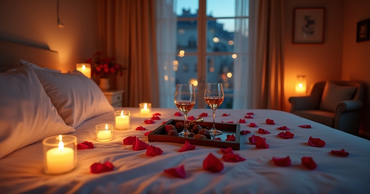 Quarto preparado com velas, pétalas e luz baixa para noite romântica 