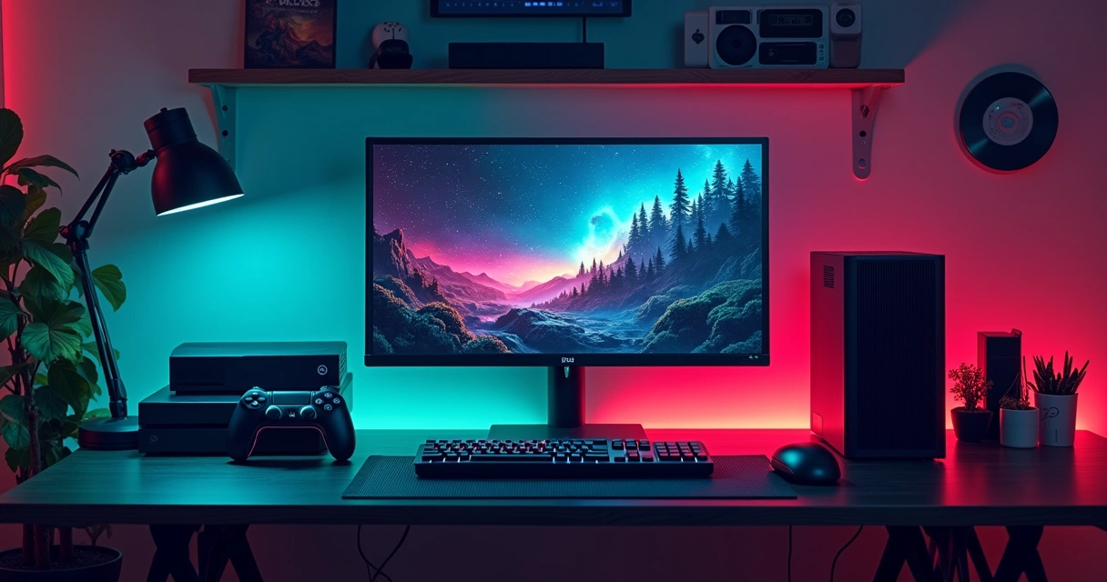 Ambiente de jogos com computador, joystick, fones de ouvido e prateleiras de jogos, cores neon vibrantes.