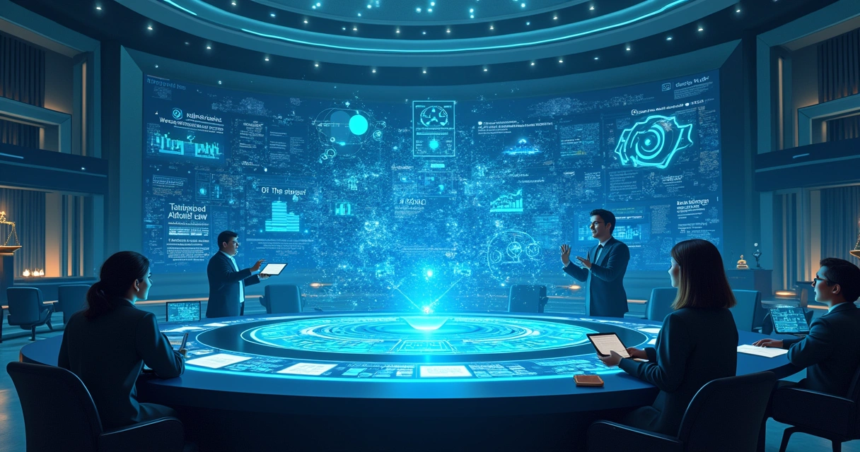 Ambiente judicial moderno com inteligência artificial e profissionais legais interagindo com interfaces digitais
