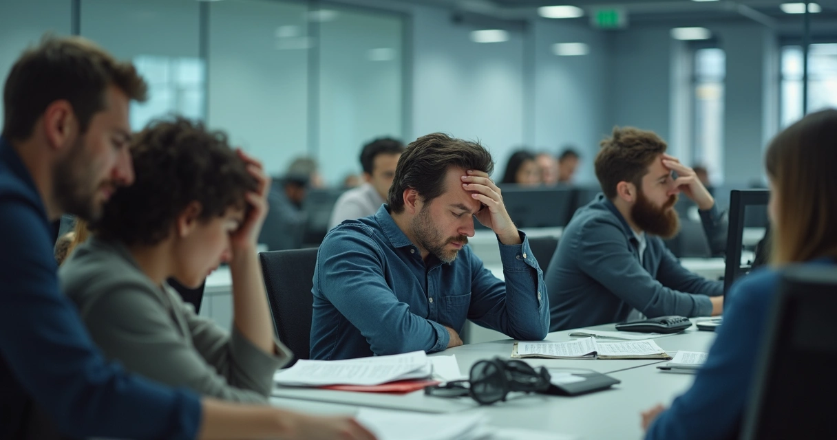 Equipe de trabalho em escritório com expressões estressadas e atmosfera tensa. 