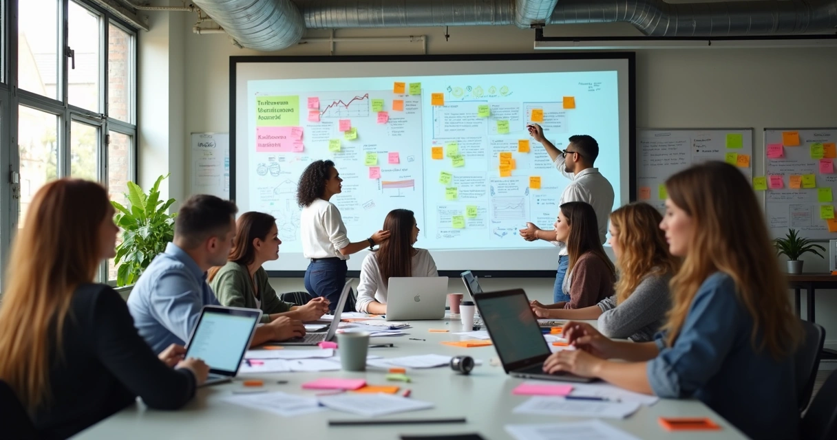 Ambiente de laboratório digital com quadros de ideias e gráficos coloridos 