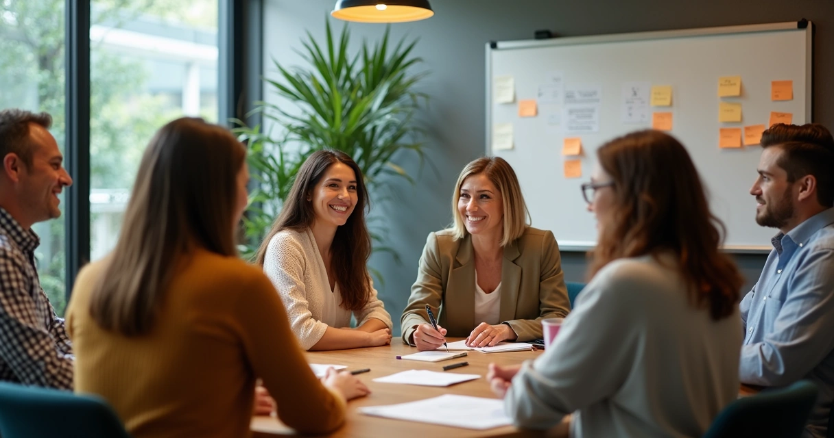 Equipe reunida em sala moderna, expressando maturidade nas relações de trabalho 