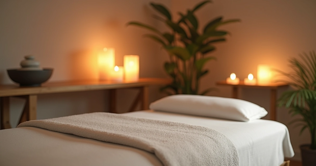 Ambiente de massagem com iluminação suave e decoração acolhedora para bem-estar e privacidade 