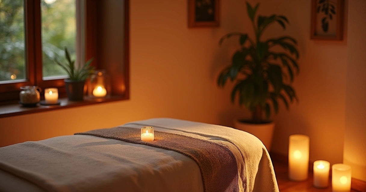 Ambiente de massagem calmante com iluminação suave e elementos naturais 