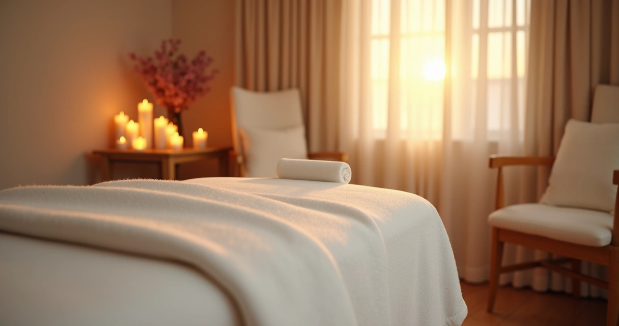 Ambiente preparado para massagem com luz baixa, velas e lençóis limpos 