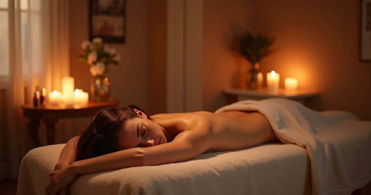 Ambiente preparado para massagem íntima, luz suave e decoração aconchegante 