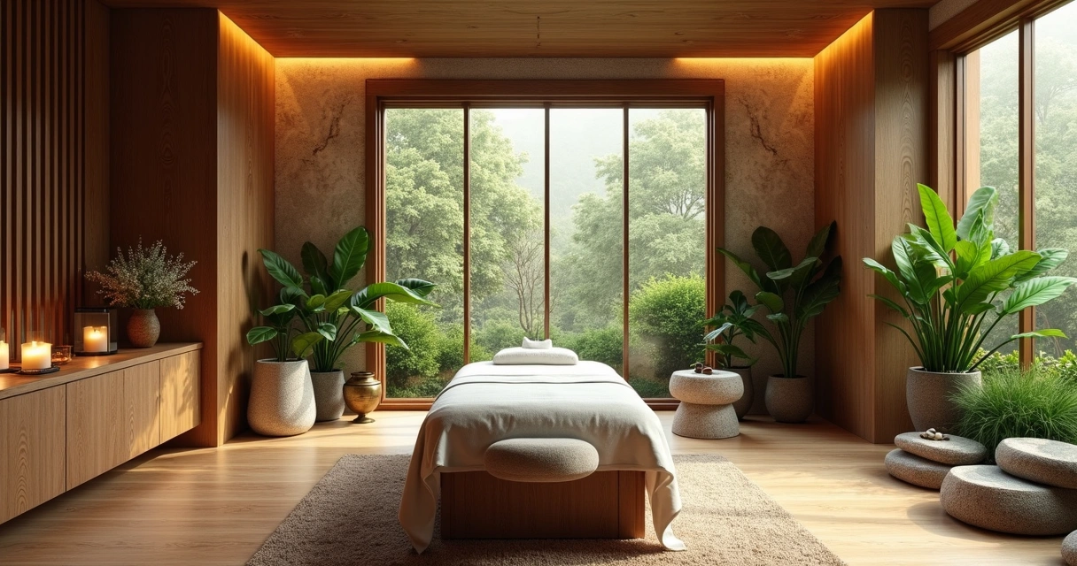 Ambiente acolhedor de spa com luz suave e elementos naturais