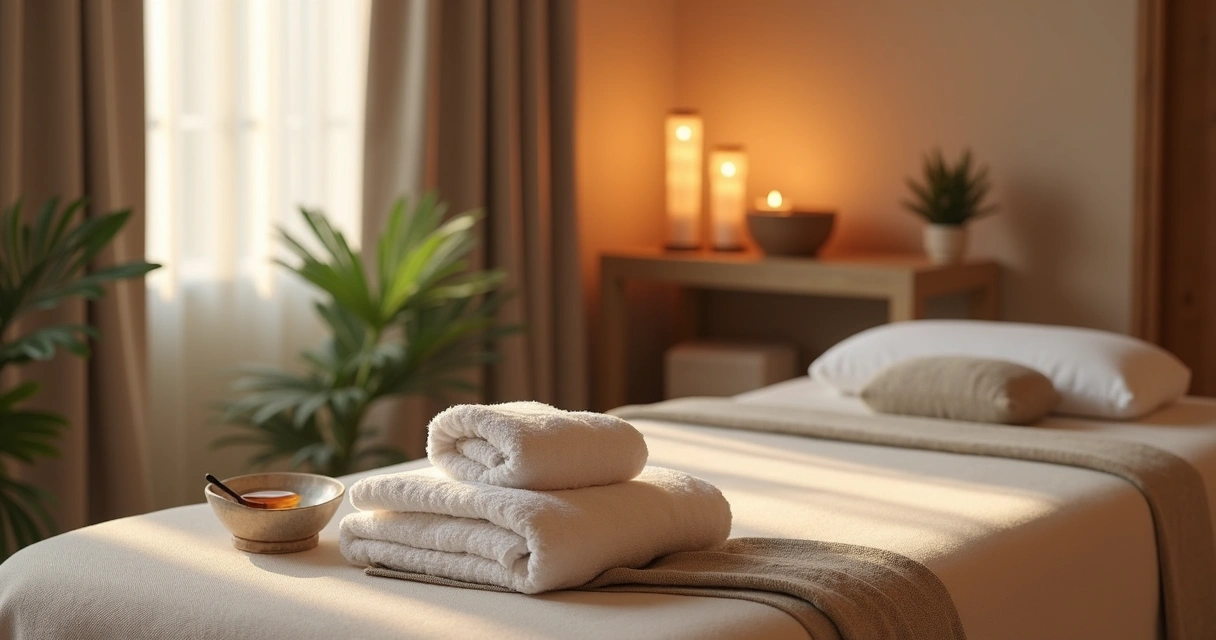 Ambiente aconchegante com velas e toalhas organizado para massagem íntima e relaxante 