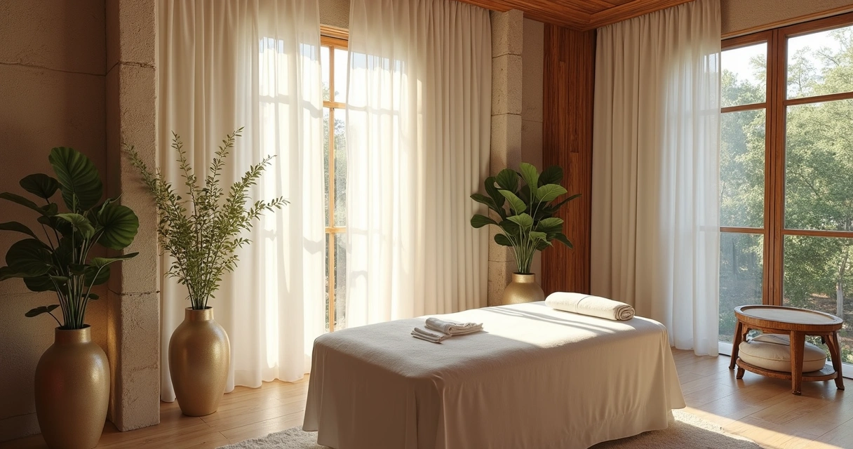 Sala de massagem luxuosa com luz natural e decoração refinada 