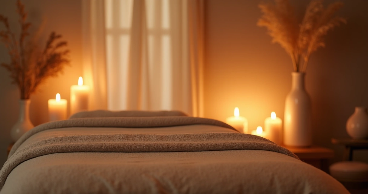 Ambiente aconchegante preparado para massagem com luz suave e velas 