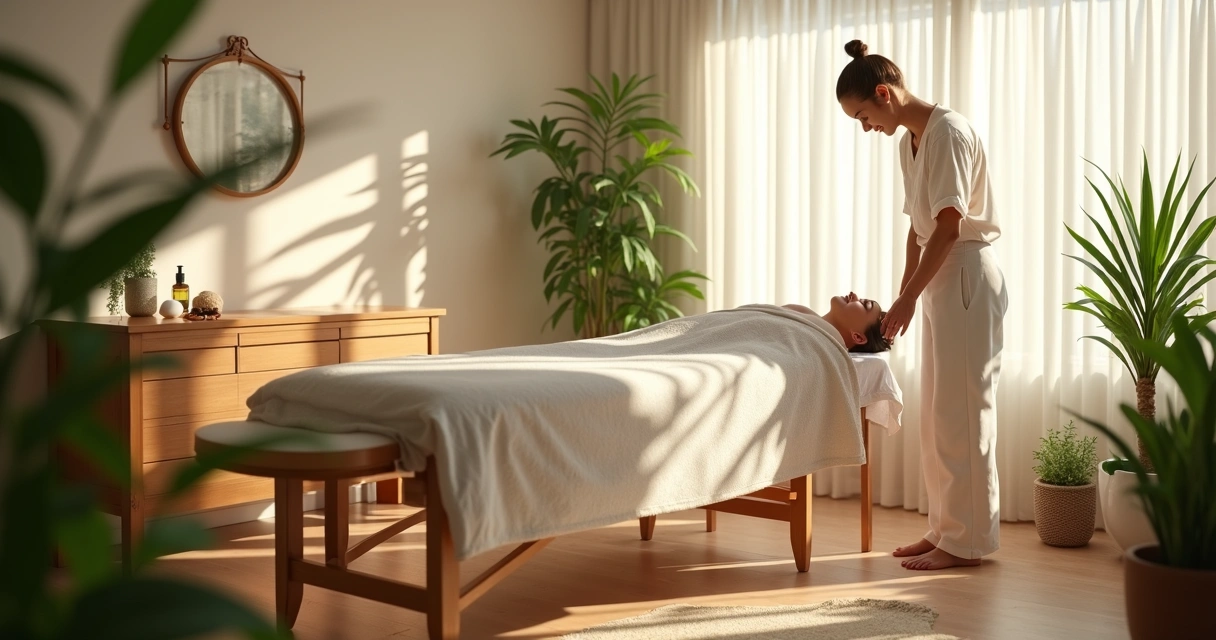 Ambiente tranquilo de massoterapia com luz suave e plantas decorando o espaço 