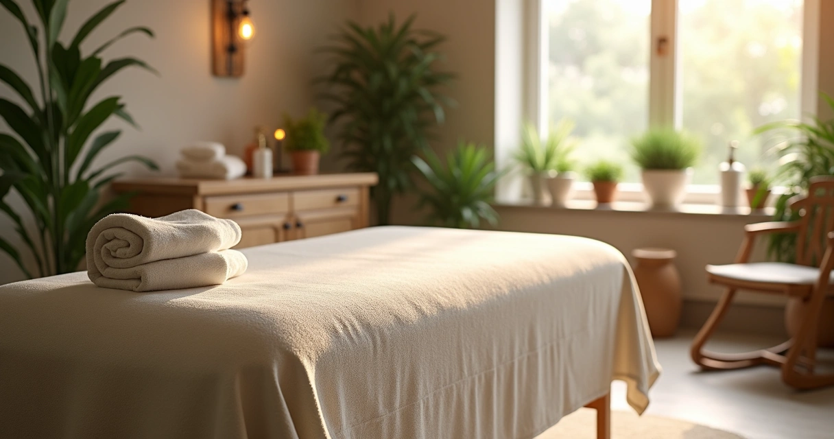 Sala de massoterapia moderna com luz suave, maca e plantas decorativas 
