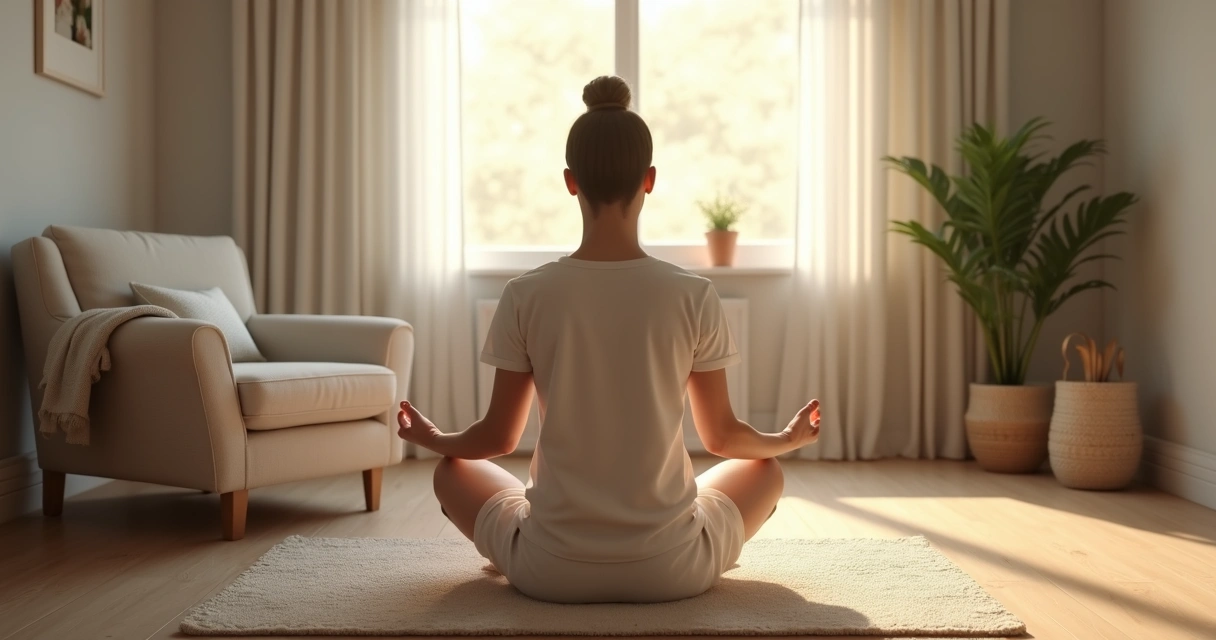 Pessoa meditando sentada em cadeira, ambiente sereno 