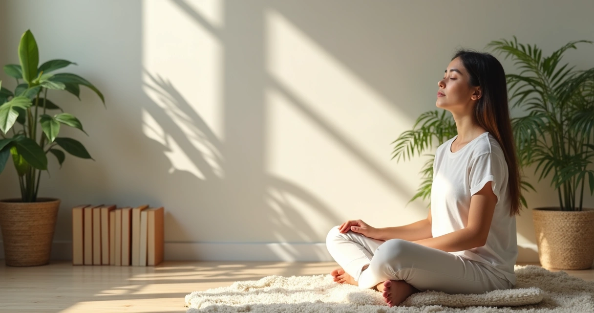 Pessoa sentada em posição de meditação, em um ambiente simples e acolhedor 