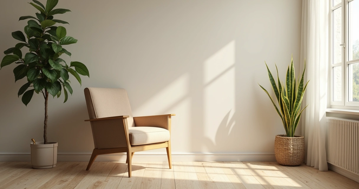 Espaço confortável com cadeira, planta e iluminação suave 