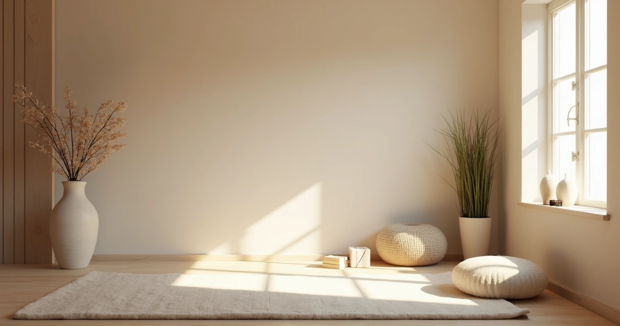 Ambiente tranquilo com tapete de meditação, almofada e luz suave 