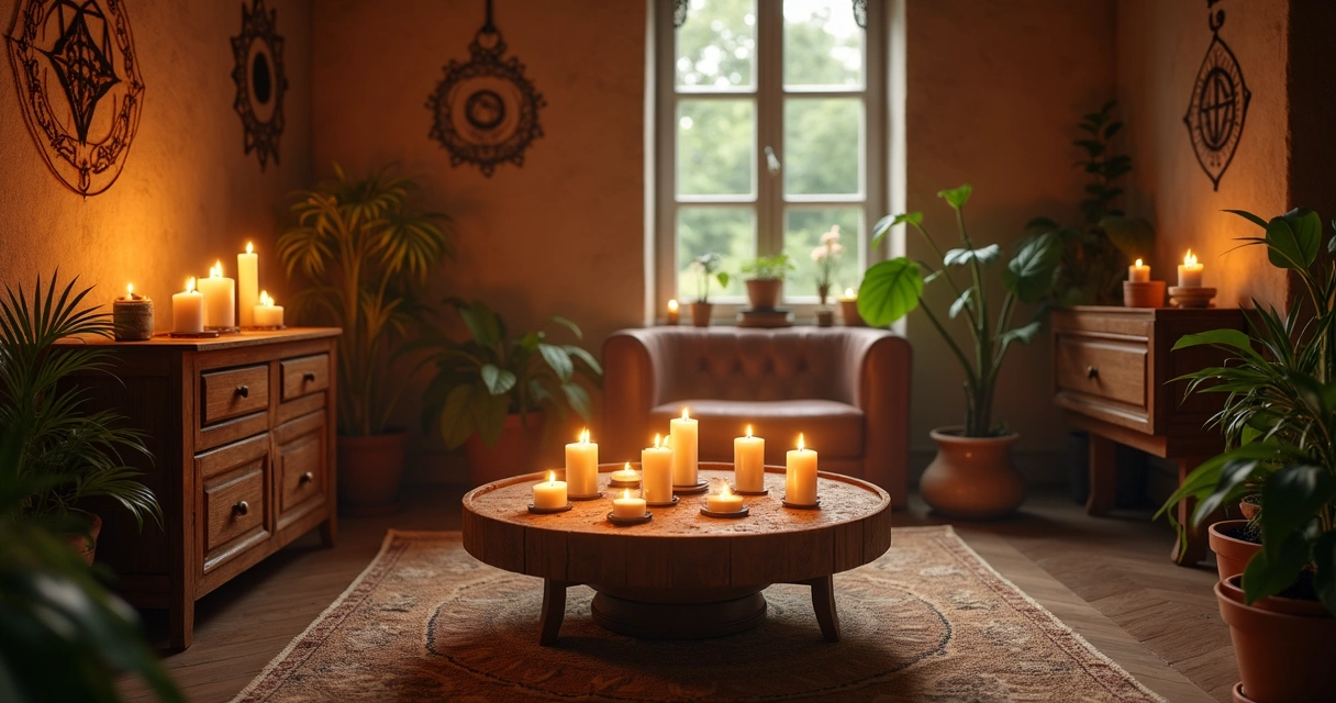 Ambiente com altar esotérico com velas acesas e plantas ao redor 