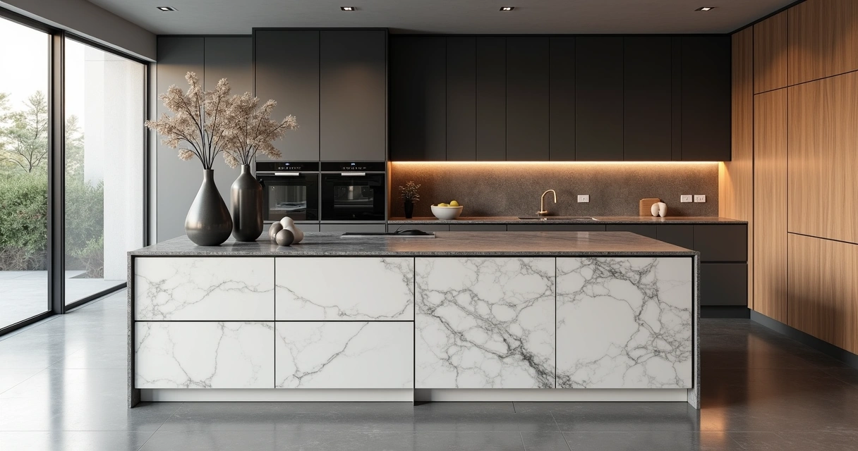 Cozinha moderna com bancada de granito e ilha central de mármore 