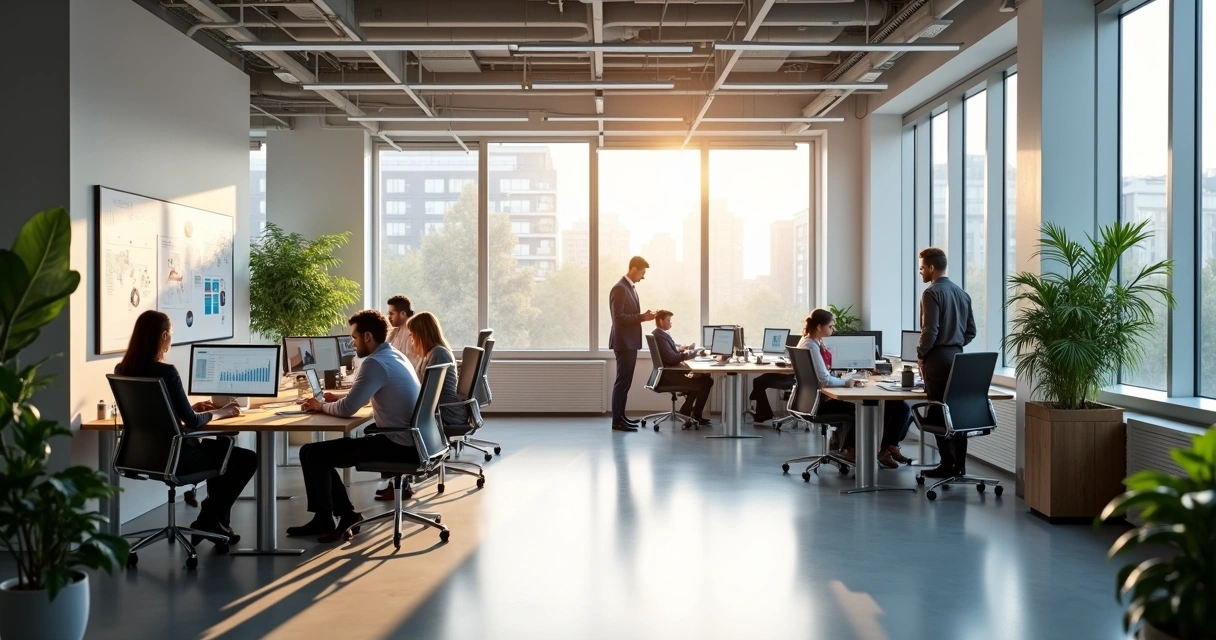 Ambiente moderno de trabalho no setor público com pessoas colaborando em estações de trabalho abertas