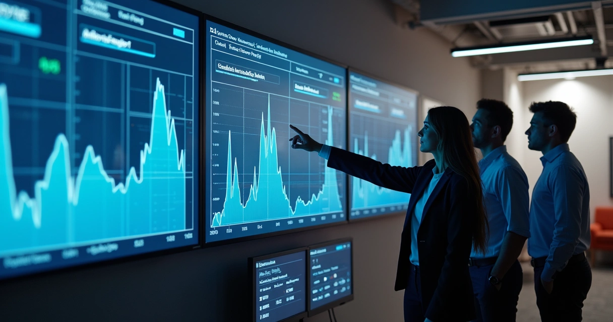 Equipe analisando gráficos em tela de monitoramento IoT