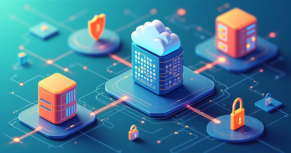 Ilustração de ambientes de nuvem com diferentes servidores conectados e camadas de segurança. 